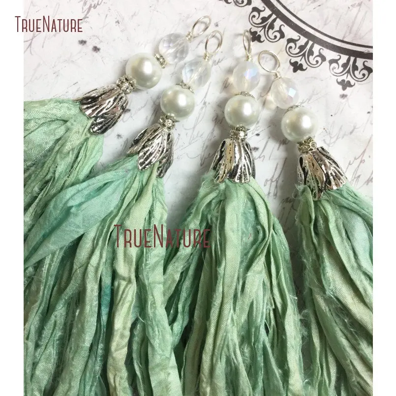 Handmade Art Soft Seafoam Green Sari Silk Tassel Antique Silver Color Flower Petal Bead Cap Long Pendant PM14474