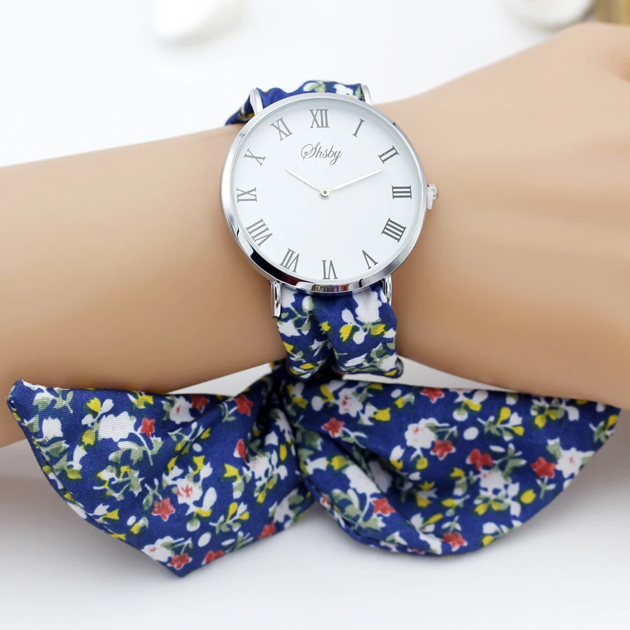 Shsby reloj de pulsera de tela de flores para mujer, reloj de vestir de plata romana, reloj de tela de alta calidad, reloj de pulsera para niñas