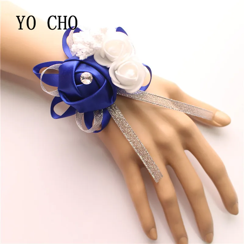 YO CHO 10pc Bridal Hand Flower Wedding Decoration Mariage Rose Wrist Bracelet Silk PE Artificial Brides Bridesmaid Wrist Flower