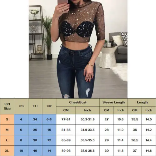 S-XL Transparent Sequins Crop Top Women Short Sleeve Flower Mesh Sheer Camisole Crop Top Female Shirt Tee Top Women