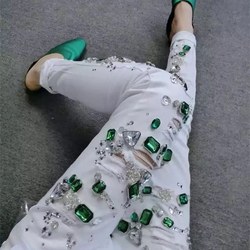 Vintage Green Diamonds Mid Waist Womens Casual Jeans Female Trousers New Fashion High Quality Skinny Stretch Pencil Pants Hole