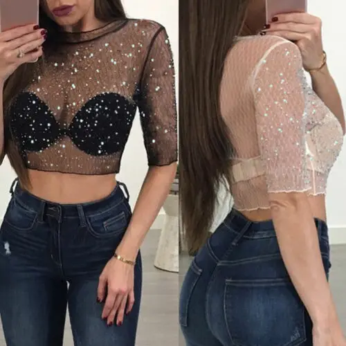 S-XL Transparent Sequins Crop Top Women Short Sleeve Flower Mesh Sheer Camisole Crop Top Female Shirt Tee Top Women