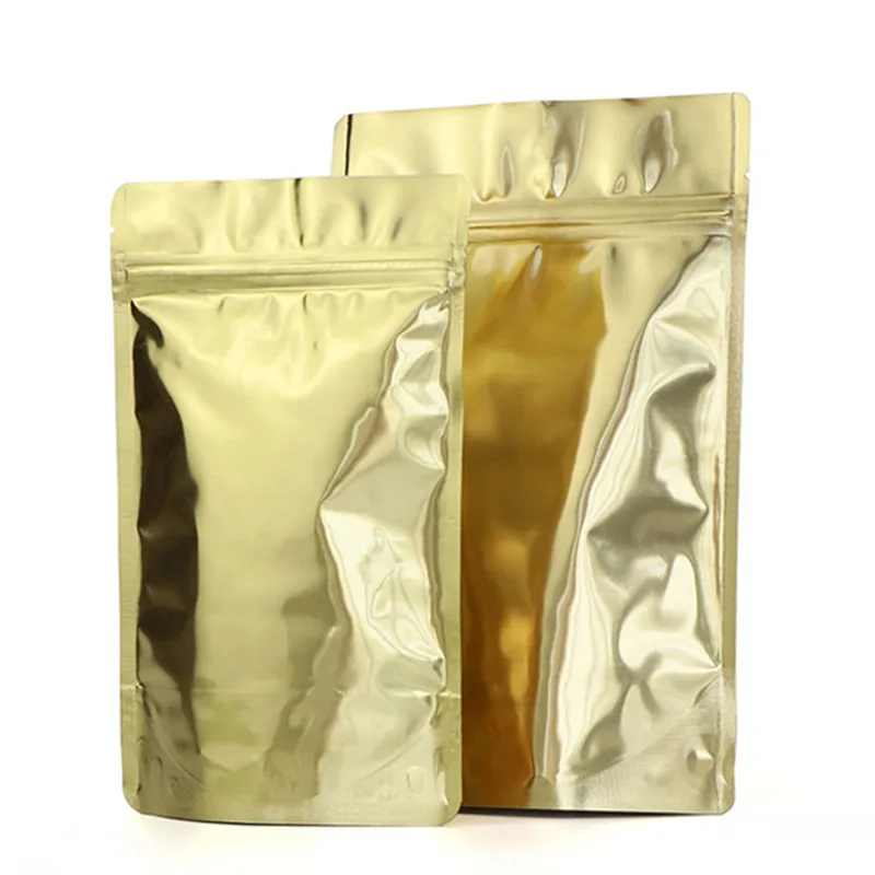 Wholesale Glossy Gold Stand up Aluminum Foil Ziplock Bag Snack Cookie Tea Coffee Packaging Bag Doypack Gold Foil Zipper Pouches