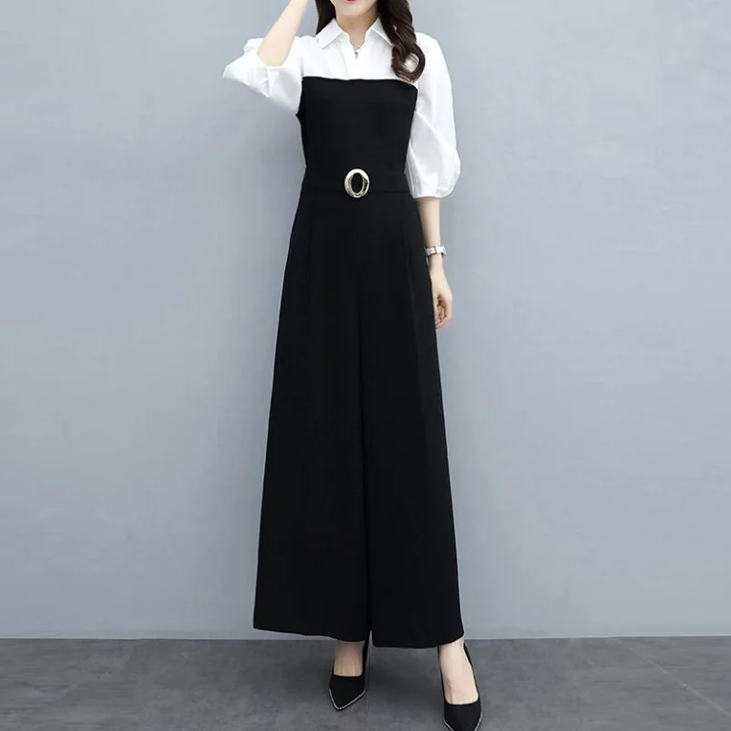 Spring Female Jumpsuit 2019 White Black Patchwork Wide Leg High Waist Business Celebrity Elegant Jumpsuits For Women 2019 DD2084