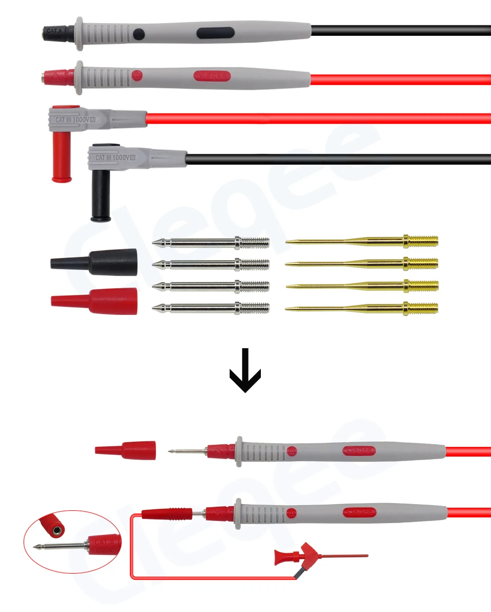 Nowe sondy multimetrowe Cleqee wymienne igły przewody pomiarowe zestawy sondy do multimetrów cyfrowych do multimetrów końcówki przewodów