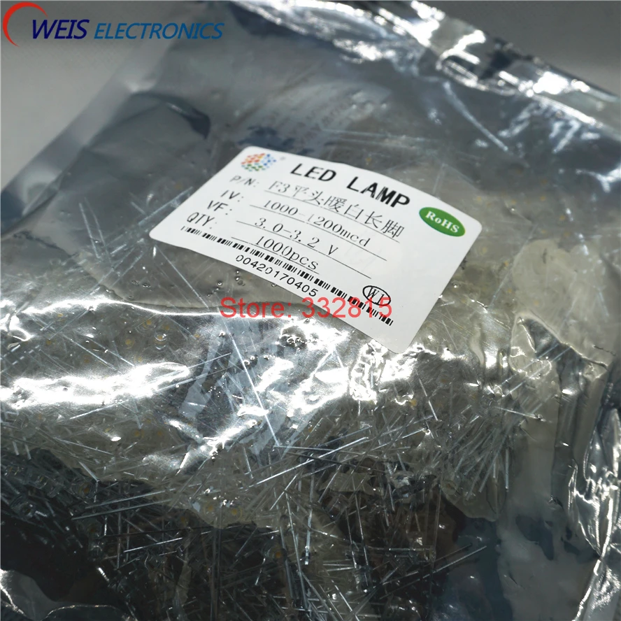 

1000PCS F3 WARM WHITE LED DIP-2 3MM ( FLAT ) Water Clear LONG LEGS 3.0-3.2V 1000-1200MCD light emitting diode LAMP