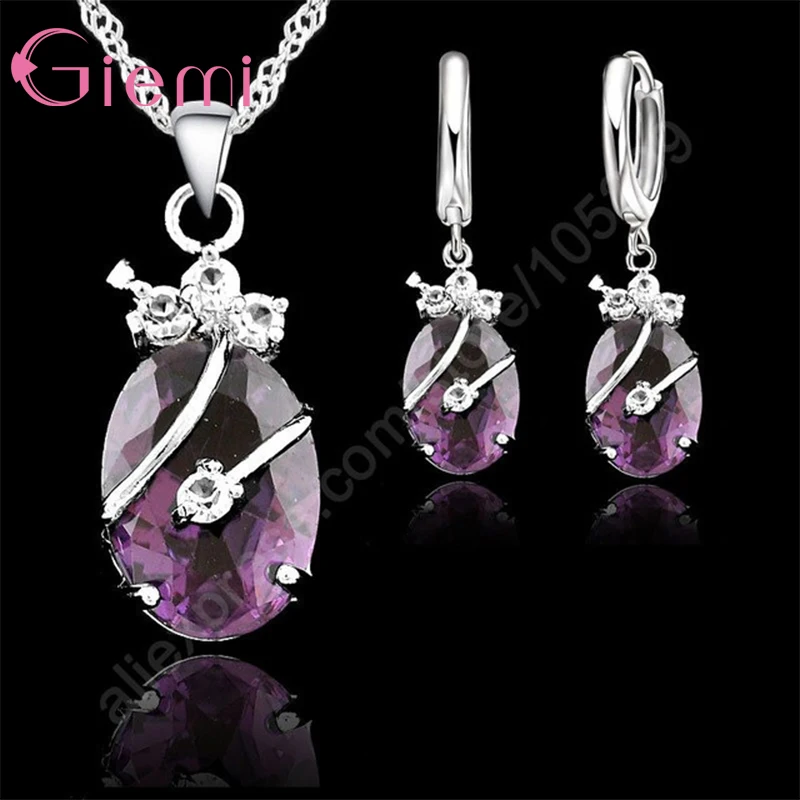 Charming Newest 925 Sterling Silver Women Jewelry Sets Austrian Crystal Waterdrop Pendant Necklace Earrings Wedding Sets