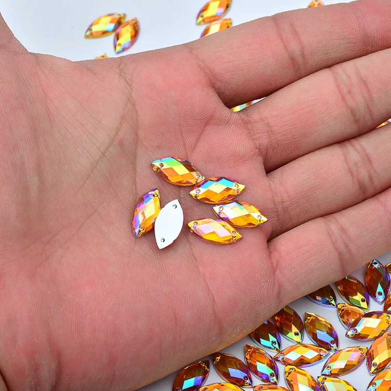 JUNAO 7*15mm Sewing Yellow AB Crystals Horse Eye Rhinestones Flat Back Acrylic Gems Sew On Strass Crystal Stones for Crafts