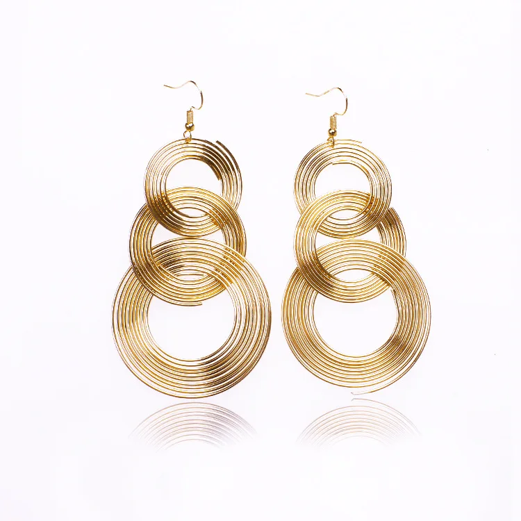 Punk Gold Colour Big Geometric 3 Circle Metal Long Dangle Earrings For Women Bohemian Party Exaggerated Fashion Jewelry