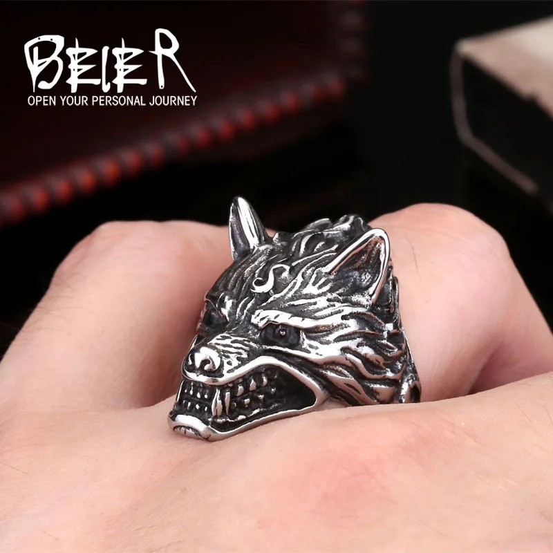 Beier new store 316L Stainless Steel ring top quality  House Stark of Winterfell Direwolf viking Wolf Ring LLBR8-160R