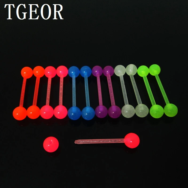 Hot wholesale 100pcs 1.6*18*6/6mm mixed glow in the dark flexible acrylic piercing straight barbell tongue ring free shipping