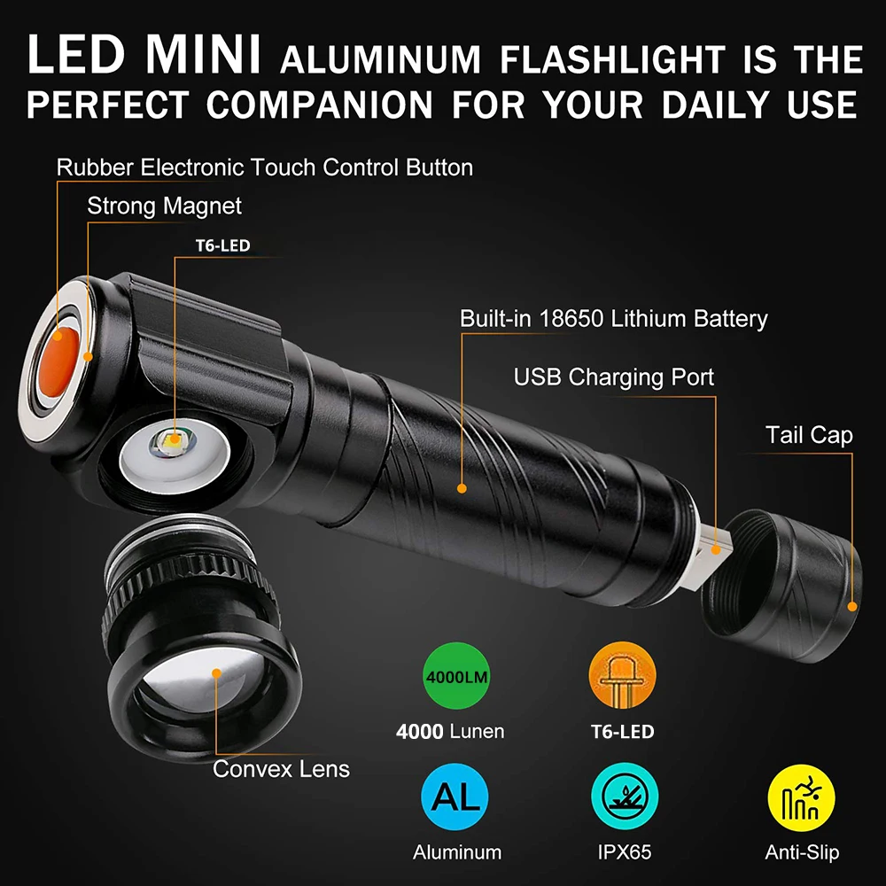 Rechargeable Multi-function LED Flashlight Built-in battery USB charging With magnet For night riding night fishing camping