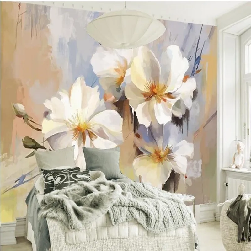 

wellyu Custom large - scale murals hand - painted fresh pastoral painting flowers TV background wallpaper papel de parede