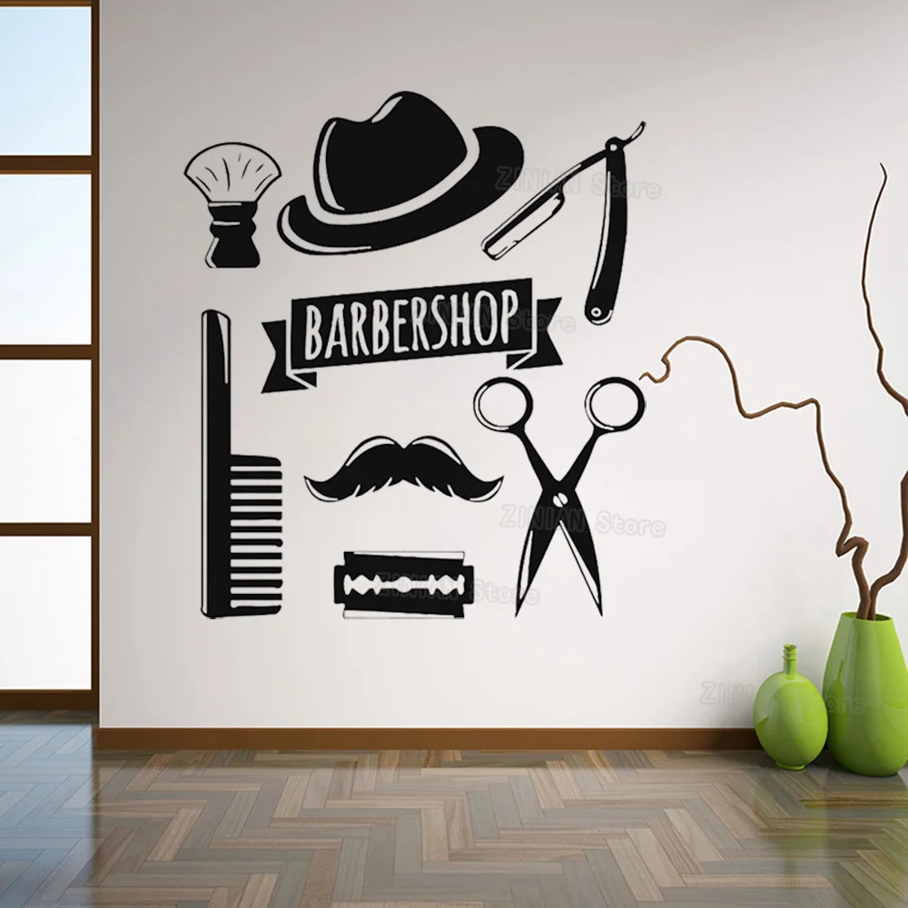 Wall Decal Window Sticker Beauty Salon Face Hair Salon Tools Hairstyle Style Hair Man Beard Barbershop Wall Sticker Razor Z376