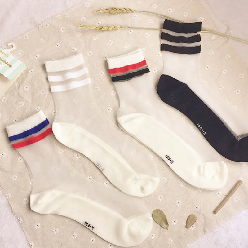Two Striped Lace Transparent Crystal Socks 2018 Hot Selling Different Style Comfy Sheer Silk Summer Ankle Women Socks