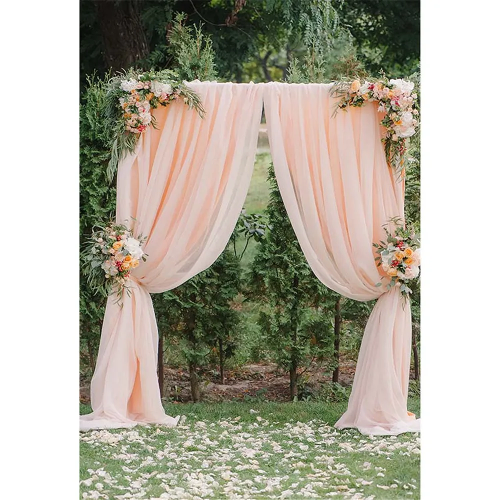 Countryside Style Wedding Party Background for Photography Printed Blush Curtain Arched Door Flowers Petals Photo Booth Backdrop