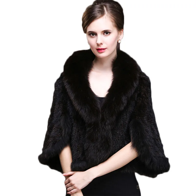 2021 Fashion Knitted Mink Fur Poncho With Real Fox Fur Trimming Women Real Fur Shawl Ladies Luxury High Quality Mink Shawl