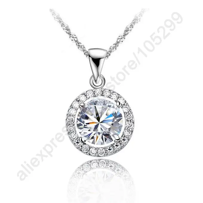 

Luxury 925 Sterling Silver Fashion Wedding Engagement Jewelry Top Quality Shiny Round CZ Zircon Crystal Pendant Necklace