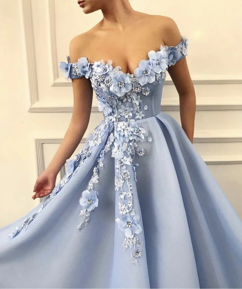 Charming Blue Evening Dresses 2024 A-Line Off The Shoulder Flowers Appliques Dubai Saudi Arabic Long Evening Gown Prom Dress