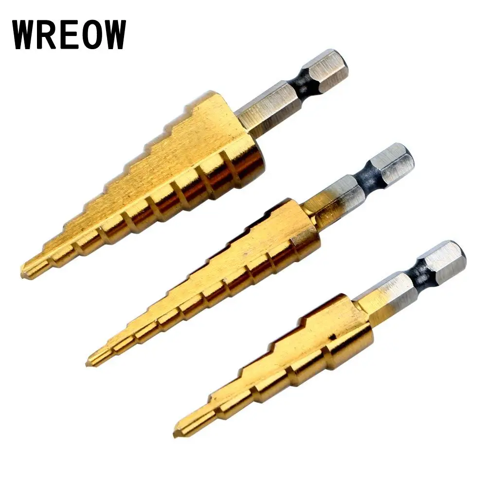 3Pcs 1/4นิ้วมัลติฟังก์ชั่ขั้นตอน Mata Bor HSS Sharpening ไทเทเนียมโลหะ Hex ขั้นตอน Mata Bor ชุดงานไม้เครื่องมือเจาะโลหะ
