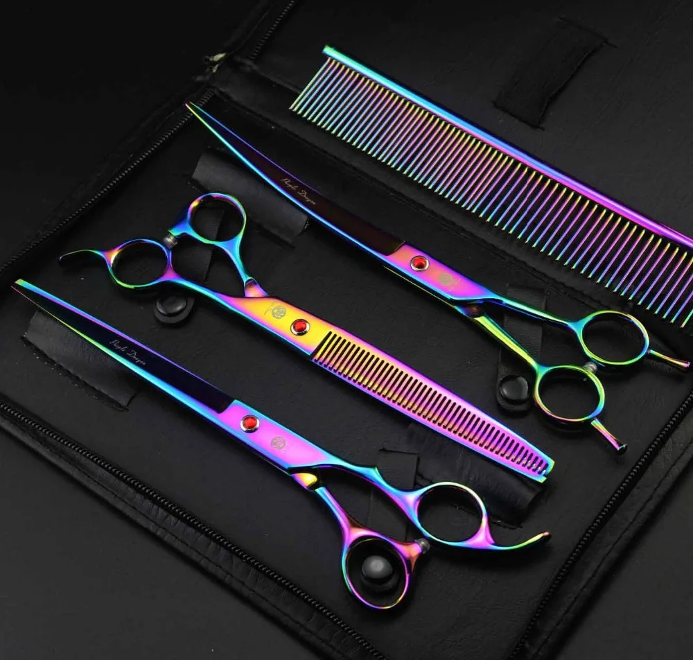 4Pcs Suit Pets Scissor 688# 8'' Hairdressing Scissors 440C Curving Dogs Cats Pets Cutting Scissors Thinning Shears Hair Scissors