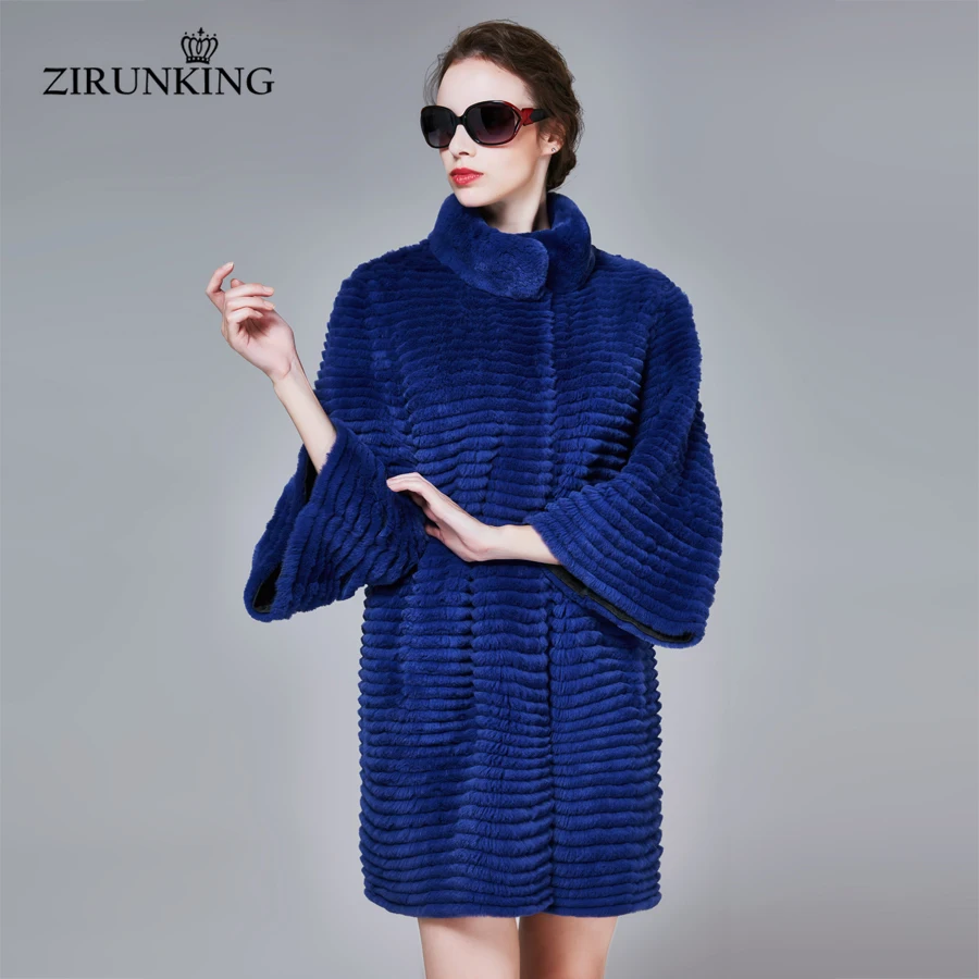 ZIRUNKING Winter Real Rex Rabbit Fur Jacket Long Stripe Style 100% Natural Fur Coat High Quality  Women Fashion Overcoat ZC1702