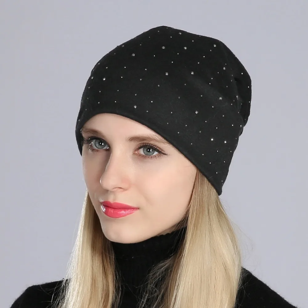 Geebro Women\'s Beanie Hat with Rhinestones Ladies Spring Plain Color Cotton Knitted Slouchy Beanies Bonnet Female Skull Beanie