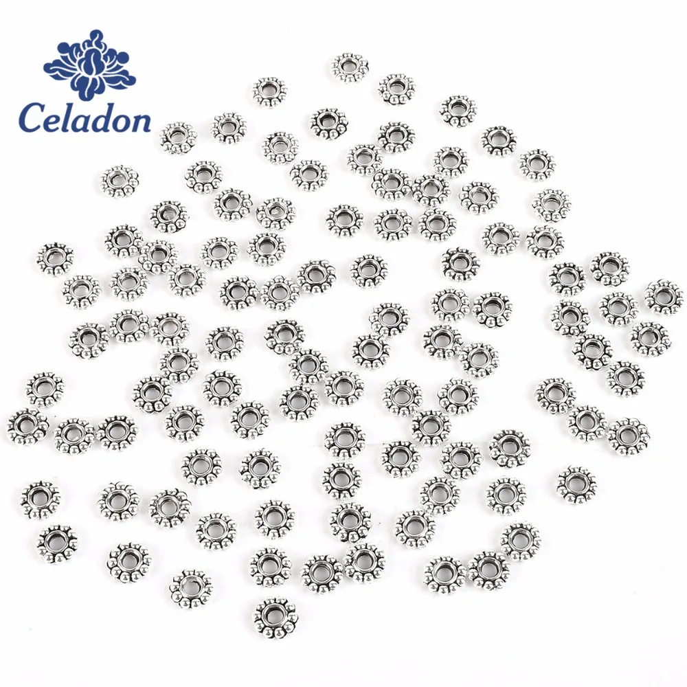 Wholesale 6mm 50pcs Daisy Flower Loose Spacers bead for Jewelry Making Metal Tibetan Gold Silver Spacer Beads 2mm hole