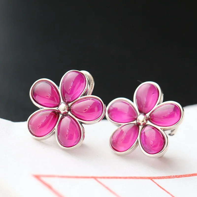 

925 sterling silver ear clip Manually set the red corundum Thai silver earrings