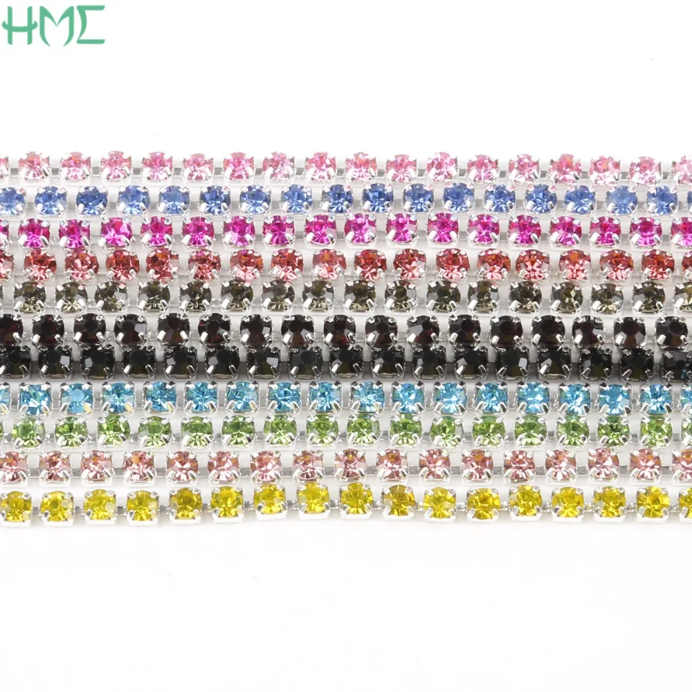 Hot Sale 1M/lot 2/2.5/2.8/3mm Rhinestone Chain Silver Base Crystal Rhinestone Trim For Wedding Party Decoration & Jewelry Making