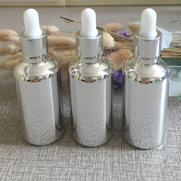 high grade 50ml silver white rubber dropper bottle for essential oils ,50 ml glass dropper bottles , glass vials with dropper