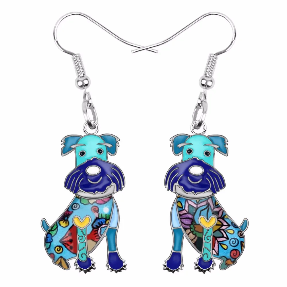 Bonsny Enamel Alloy Floral Happy Sitting Schnauzer Dog Earrings Drop Dangle Big Long Fashion Animal Jewelry For Women Girls Gift