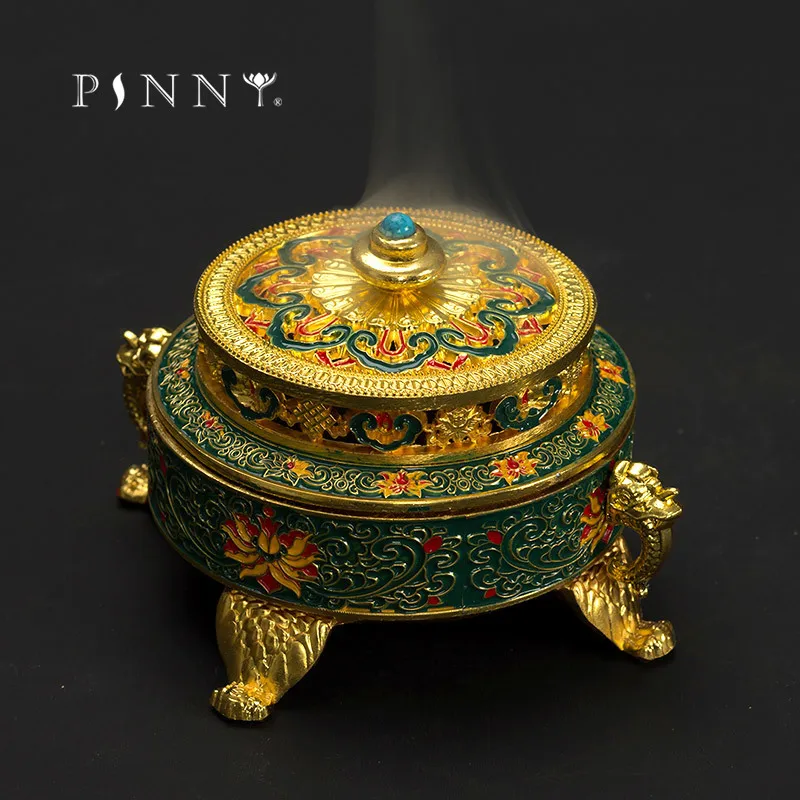 PINNY Colored Enamel Lotus Incense Burner 4-Foot Metal Painted Incense Base Tea Ceremony Accessories Sandalwood Coil Censer