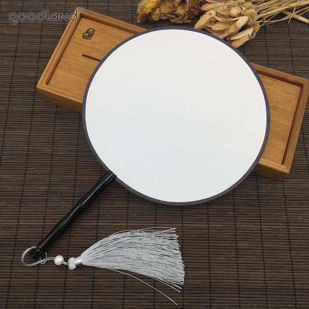 Free Shipping 1pcs DIY Painting Black Wood Handle Blank White Fabric Palace Hand Fan Home Decor Summer Art Gift