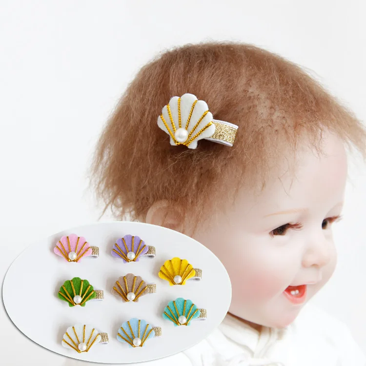 Boutique 20pcs Korean Fashion Cute Glitter Felt Shell Hairpins Solid Kawaii Pearl Sea Shell Hair Clips Hair Accessories