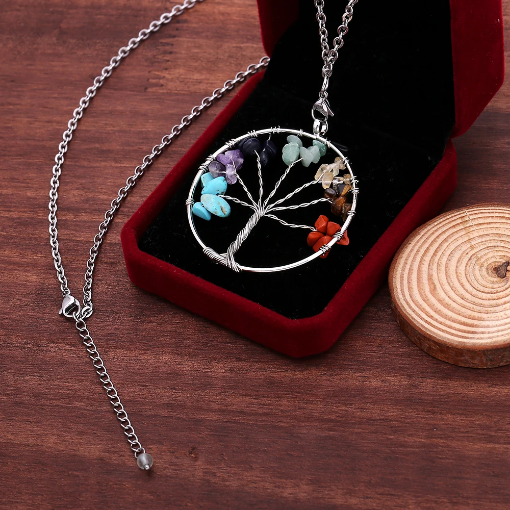 Authentic 7 Chakra Real Stone Circle Tree of Life Pendant 316 Stainless Steel Chain Long Necklace Jewelry Women