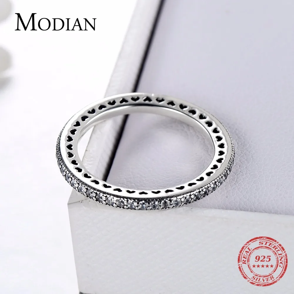 Modian Authentic 925 Sterling Silver Hearts Ring Clear CZ Fashion Stackable Vintage Classic Luxury For Women Engagement Gift