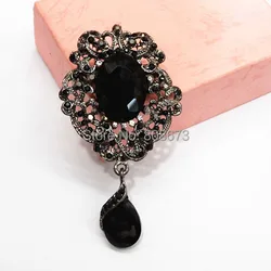 One Piece Retail! Retro Style Black Big Waterdrop Crystal Brooch Elegant Black Colored Flower Women Brooch Pins