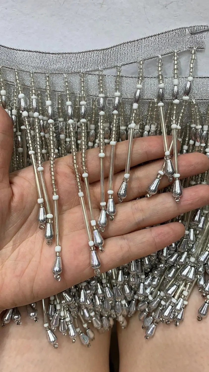 cou002# 10  yards/bag 7-10 cm width silver pendents beads ribbon fringe tassel for garment/decorative/wedding bridal gown dress