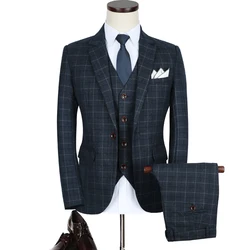 3-piece Set ( Jacket + Vest + Pants ) High-end Brand Boutique Men's Plaid Formal Suit Groom Wedding Dress Banquet Suit Mens Set