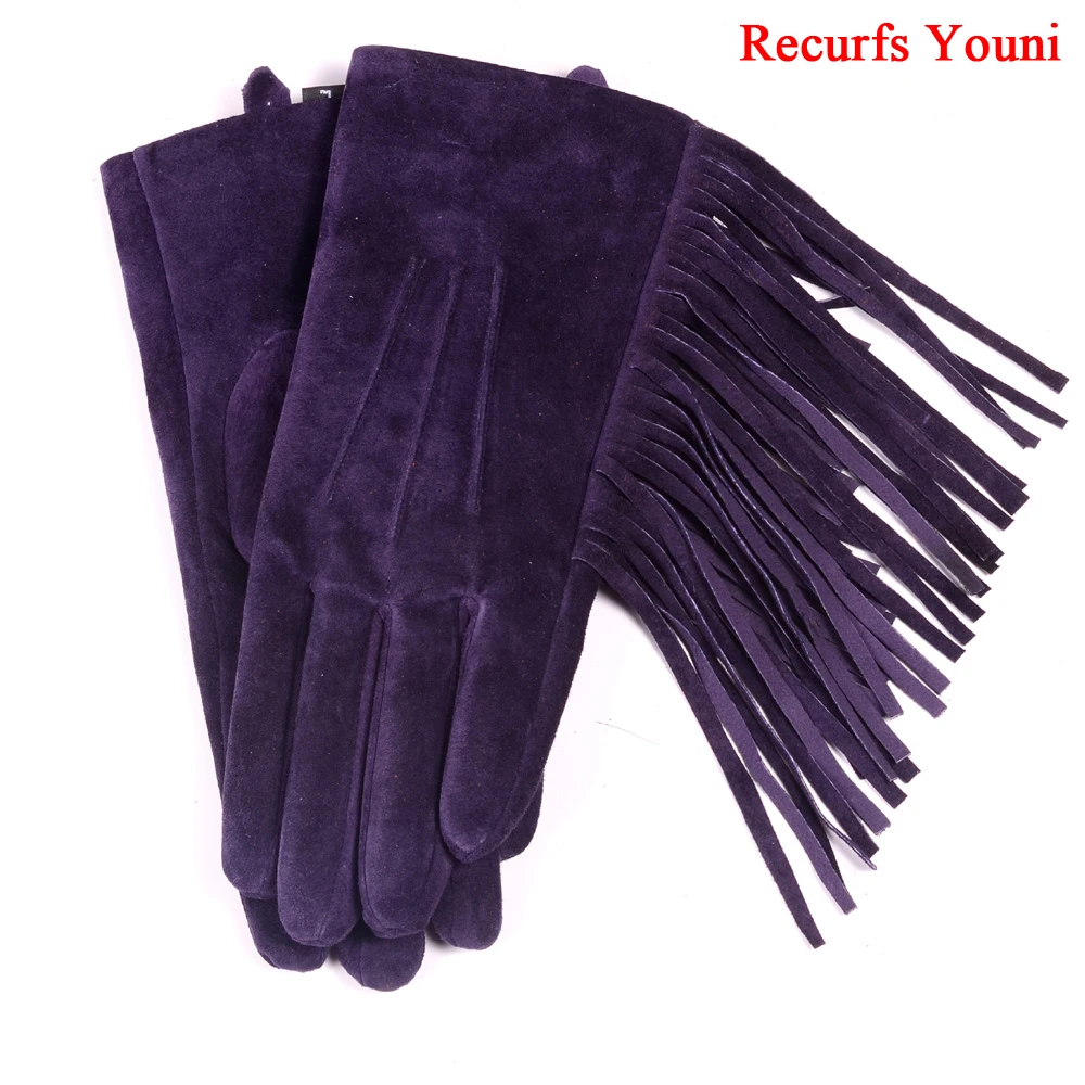 2023 Winter Lady Genuine Leather Pigskin Suede Tassel Short Gloves Women Mujer Nubuck Warm Velvet Punk Show Purple Classic Luvas