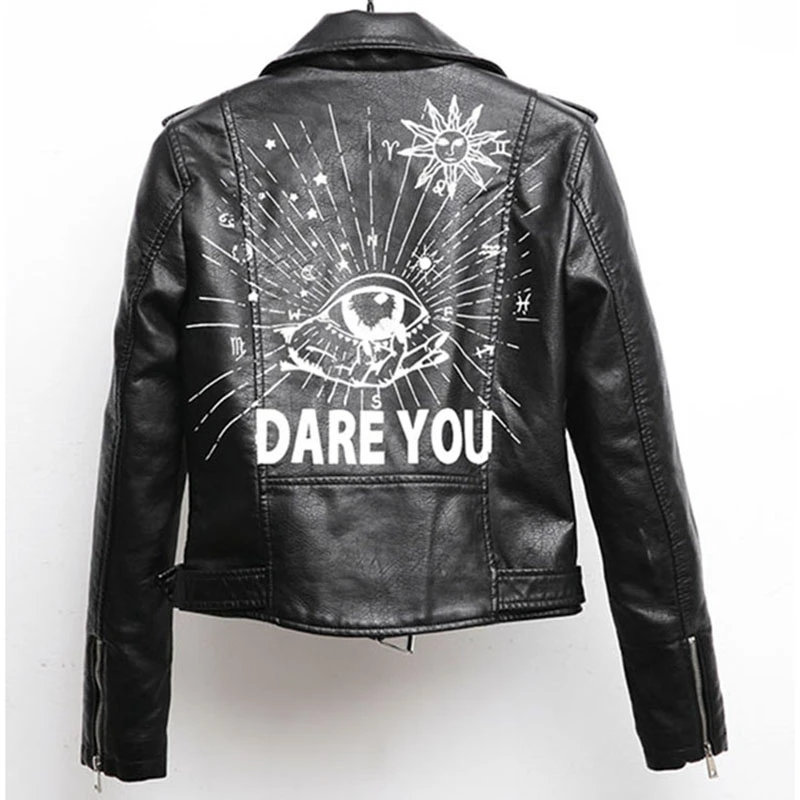 Women Printed Letters Pu Leather Jacket Biker Moto Black Faux Jacket Female Pattern Black Rivet Hip Hop Short Zipper Coat PY21