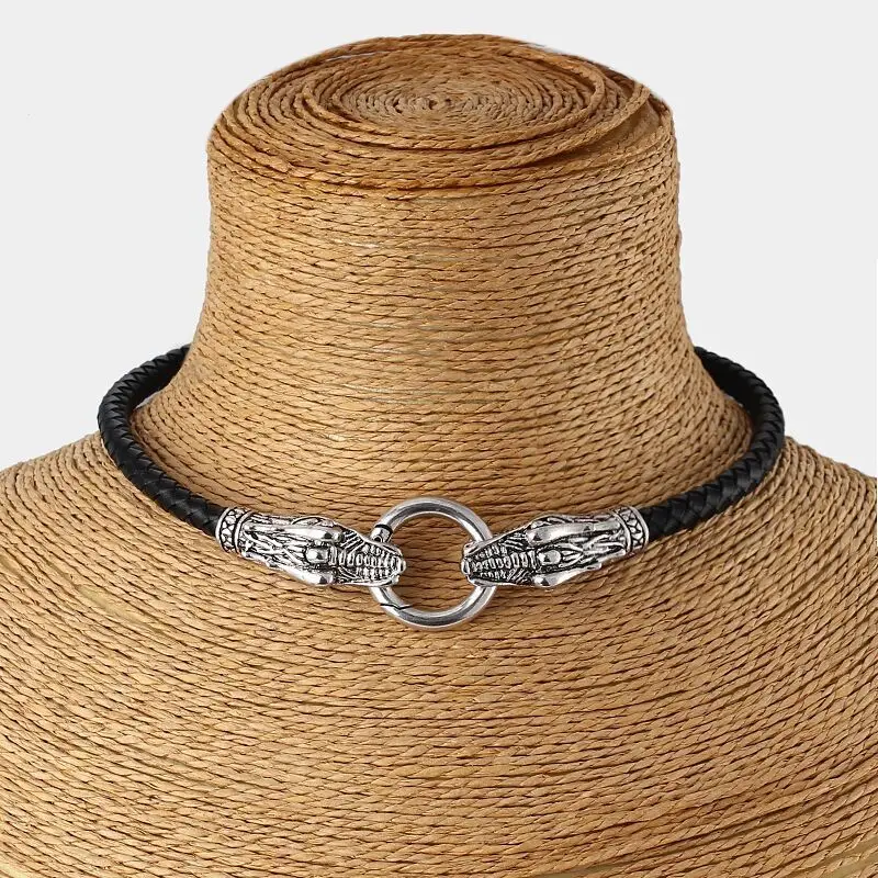 Genuine Leather Choker Necklace Dragon Collar / Choker  With Black Braided Leather 13\