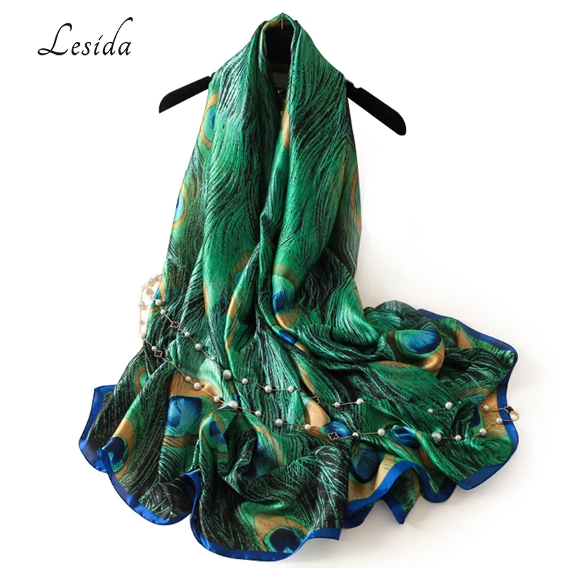 LESIDA Luxury Brand Women Green Silk Shawl Peacock Feather Print Scarves Big Size Echarpes Femme Cachecol Foulards 180*90CM 3004