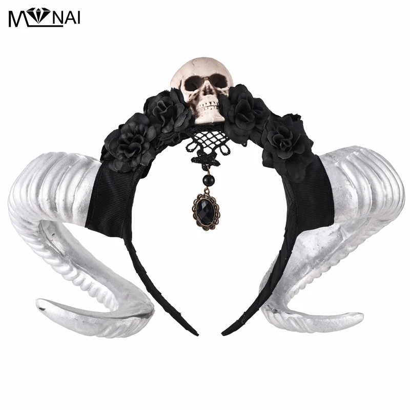 Retro Steampunk Skull Flowers Horns Headband Female Floral Antler Halloween Headdress Hair Accessory Goth Costumes Accessories