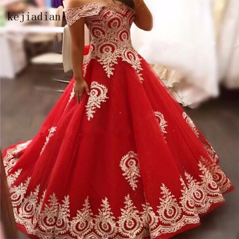 Vestido De Novia rojo musulmán, con apliques dorados, hombros descubiertos, falda De encaje, estilo islámico árabe, 2020