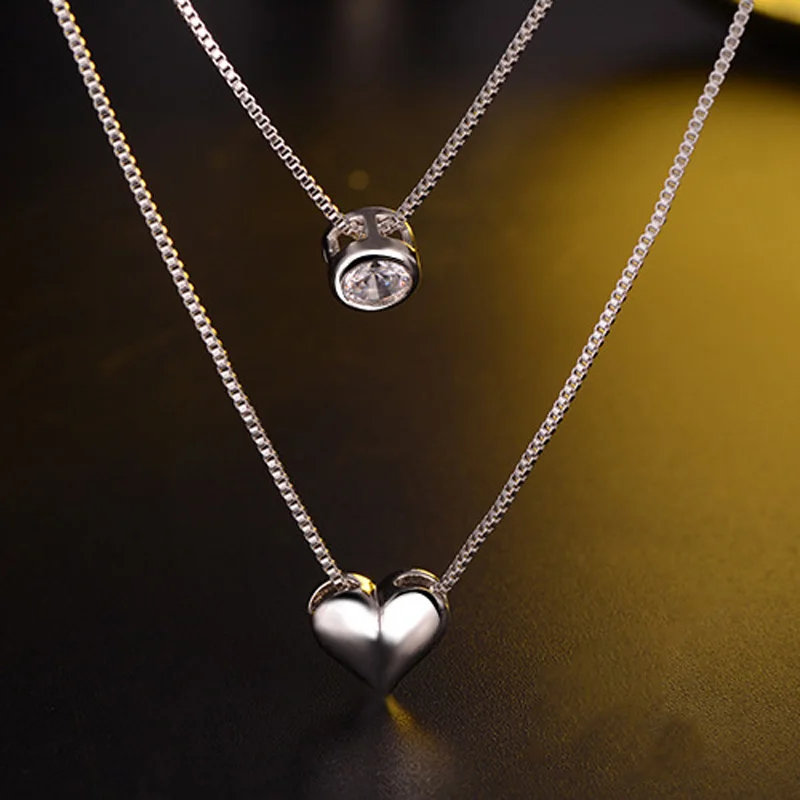 Top Quality Double Layer Heart CZ Pendant Necklace Silver Color Trendy English Summer Style Jewelry Accessory