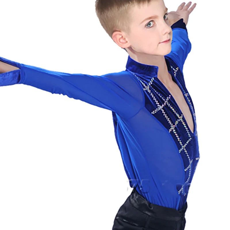 Original Latin Dance Tops for Children Black Blue White Fitness Shirt Boy Sexy Male Ballroom Professional Chacha Clothes N7005