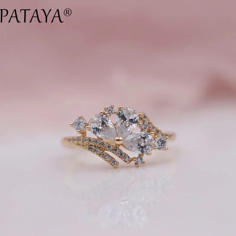 PATAYA New Arrivals 585 Rose Gold Color Micro-wax Inlay Green Water Drop Natural Zircon Rings Women Wedding Party Trendy Jewelry