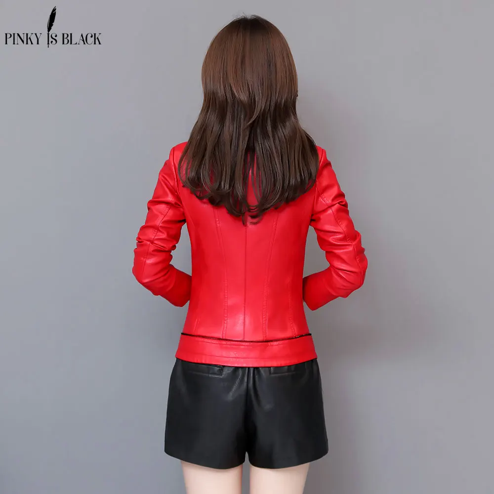 PinkyIsBlack Womens Leather Jacket Casual Short Faux Leather Coat Female Spring Autumn Stand Collar Motorcycle Jackets